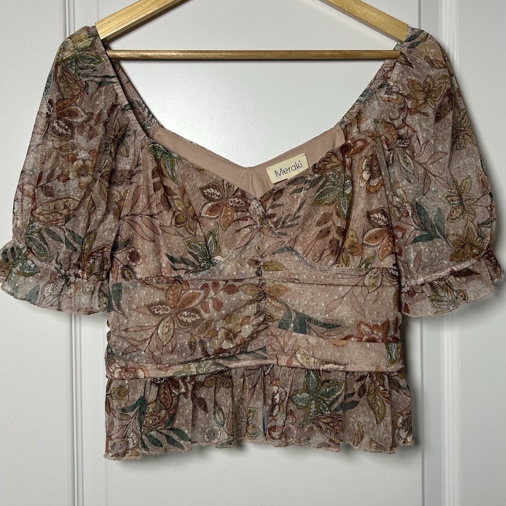 Meraki Dusty Pink Botanical Floral Mesh Puff Sleeve Crop Top Coquette Style